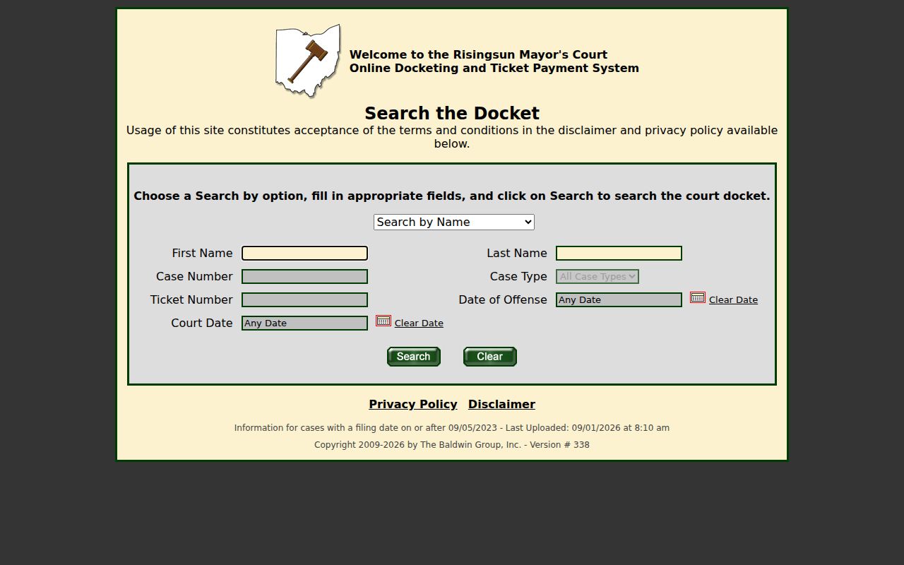 Rising Sun warrant search Mayor's Court docket fields